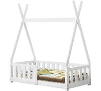 [en.casa] Cuna para bebé de 70x140 cm, color blanco, con protección anticaídas, diseño tipi, fabricada en madera de pino. Cama juvenil, cama de madera, cama tipo casita