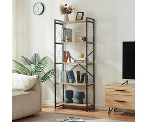[en.casa] Estantería de Pie Skørping Librería de Salón Biblioteca de 5 Niveles Oficina Estructura de Metal 180 x 65 x 30 cm - Negro/Efecto Roble