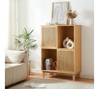 [en.casa] Estantería de Pie Ypäjä con 4 Compartimentos Estanteria Independiente con 2 Puertas Corredoras Librería para Salón Oficina Dormitorio Estable Sostenible Bambú 120x84x39 cm - Natural