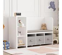 [en.casa] Estantería Infantil Høylandet con Banco y Compartimentos Organizador Zapatero para Niños con Cojín y Cajas Extraíbles 76 x 112 x 40 cm - Blanco/Gris