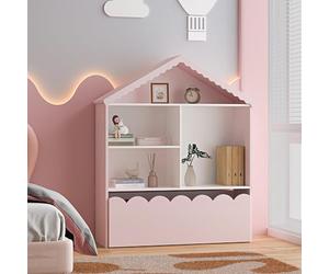 [en.casa] Estantería Infantil Vestnes en Forma de Casa con Techo con 4 Compartimentos Abiertos y 1 Cajón Librería para Niños 114 x 91 x 30 cm - Rosa/Blanco