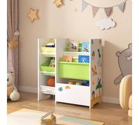 [en.casa] Estantería para Niños Organizador de Libros y Juguetes Motivo de Dinosaurio con 3 Cajas Aglomerado/Poliéster 60 x 65 x 30 cm Multicolor