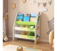 [en.casa] Estantería para Niños Organizador de Libros y Juguetes Motivo de Dinosaurio con 6 Cajas Aglomerado/Poliéster 74 x 62 x 27 cm Blanco y Verde/Amarillo