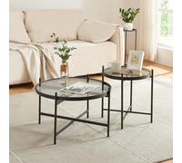 [en.casa] Juego de 2 Mesas Lier Mesa de Centro + Mesa Auxiliar Redondas para Salón Dormitorio Entrada Tablero de Cristal Templado Estable Versátil Metal 40 x Ø 61 cm y 46 x Ø 42 cm - Negro
