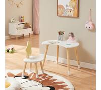 [en.casa] Juego Mesa y Silla Infantil Lallega Diseño Atractivo Respaldo en Forma de Estrella Tablero en Forma de Luna Conjunto de 2 Piezas para Niños Niñas MDF/Pino 44x60x50 cm - Blanco y Amarillo