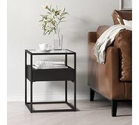 [en.casa] Mesa Auxiliar Vissenbjerg con Cajón Mesilla de Noche Versátil Cuadrada para Salón Dormitorio Cristal Templado y Acero 51 x 40 x 40 cm - Negro Mate