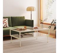 [en.casa] Mesa de Centro Lindau Rectangular Mesita de Café Mesa Auxiliar de Sofá con Estante Tablero de Vidrio Acanalado Salón Despacho 100 x 50 x 45 cm Acero - Blanco Crema