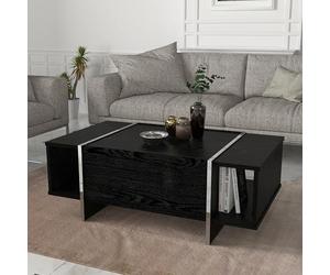 [en.casa] Mesa de Centro Tavak Rectangular Mesa Baja con 1 Compartimento Cerrado y 2 Compartimentos Abiertos para Salón Mueble Auxiliar 104 x 60 x 38 cm - Negro/Plateado