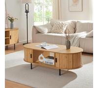 [en.casa] Mesa de Centro Tvedestrand con Puertas Correderas Semicirculares Mesita de Salón con Compartimentos Cerrados y Abiertos Tablero Ovalada Bambú Metal 120x55x40 cm - Efecto Madera/Negro