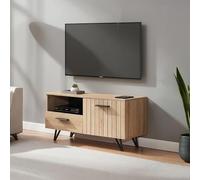 [en.casa] Mesa TV Noppen con Cajón y 1 Puerta Compartimento Cerrado Mueble TV con Estilo Soporte para Televisores para Sala Dormitorio Pasacables Aglomerado 100 x 38 x 49 cm - Roble