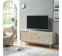 [en.casa] Mueble de TV Susa con 2 Puertas Corredoras de Mimbre Sintético (Polirratán) y 2 Cajones Mesa de TV Mueble de Salón Tablero Rectangular MDF Patas de Pino 160 x 40 x 65 cm - Beige