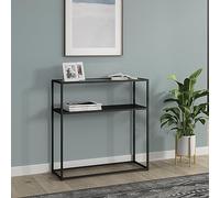 Mesa consola kuhmo con estante adicional tablero de cristal templado/metal 80 x 80 x 30 cm - negro [en.casa]