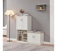[en.casa] Mueble Zapatero Løten Armario con 4 Compartimentos Abiertos y 2 Cerrados con 4 Puertas de Rejilla para 17 Pares de Calzados con Banco Zapatero 120 x 120 x 37 cm - Blanco