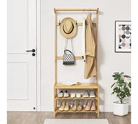 Perchero Tornio, soporte para ropa con 2 estantes y ganchos, de 168 x 70 x 35 cm, para guardar ropa en dormitorios, pasillos o salones, fabricado en bambú natural
