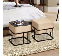 [en.casa] Puff Tas Juego de 2 Taburetes Apilables Reversibles Reposapiés Silla Tocador Diseño 2 en 1 Asiento Acolchado Tablero de Mesa Cuadrado MDF Metal 38x38x38 cm Beige