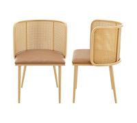 [en.casa] Set de 2 Sillas de Comedor Respaldo en Forma Semicircular de Ratán Juego de 2 Asientos Acolchados para Salón Polipiel/Metal 75 x 52 x 49 cm - Marrón y Efecto Madera