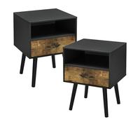 [en.casa] Set de Mesas Auxiliares Gävle Elegante Juego de 2 Mesillas de Noche con Cajón y un Compartimento Abierto para Dormitorio Salón Aglomerado 57 x 42 x 40 cm - Negro/Efecto Madera Oscura