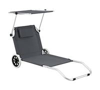 [en.casa] Tumbona con 2 Ruedas Lazkano 150 x 62 cm Silla de Playa con Parasol Respaldo Ajustable para Jardín Terraza Patio Piscina Playa hasta 110 kg Gris Oscuro