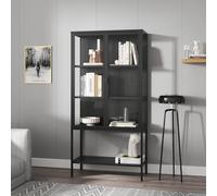 [en.casa] Vitrina Borshavisa Aparador Alto 1 con Estante Inferior 2 Puertas de Cristal Transparente 3 Compartimentos Cerrados Mueble Auxiliar para Cocina Comedor Oficina Acero 160 x 80 x 35 cm - Negro
