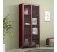 [en.casa] Vitrina Säkylä 2 Puertas de Vidrio 180x80x35 cm Rojo Burdeos | Aparador para salón mueble auxiliar para comedor cocina dormitorio 4 compartimentos acero cristal rranslúcido
