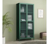 [en.casa] Vitrina Säkylä Aparador para Salón Mueble Auxiliar para Comedor Cocina Dormitorio con 2 Puertas de Cristal y 4 Compartimentos Acero 180 x 80 x 35 cm - Verde Abeto y Translúcido