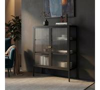 [en.casa] Vitrina Vinterhavn Aparador para salón con Estante 2 Puertas de Cristal Templado 3 Compartimentos Cerrados Mueble Auxiliar para Comedor Oficina Acero 100 x 80 x 30 cm - Negro