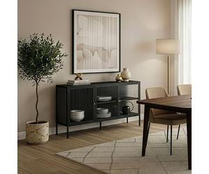 [en.casa] Vitrina Vinterhavn Aparador para salón con Estante 3 Puertas de Cristal Templado 3 Compartimentos Cerrados Mueble Auxiliar para Comedor Oficina Acero 80 x 150 x 40 cm - Negro
