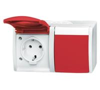 Enchufe Busch Jaeger, con tapa abatible roja, de 2 enchufes, horizontal, modelo 20/2 (2084-0-0713)