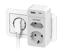 Enchufe Doble, TOPREK 4 en 1 Enchufes Multiples con USB, Regletas enchufes con 2 USB, Ladron Enchufes Plano de Pared para Teléfono Móvil, Tableta, Dormitorio, Oficina y Viajes