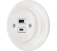 Enchufe empotrado de porcelana, retro, con 2 tomas: 1 USB-A y 1 USB-C. Color blanco, modelo PR1