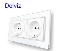 Enchufe estándar de la UE Delviz 16A, doble salida CA 110V ~ 250V, Panel de cristal templado de 146mm * 86mm, toma de corriente integrada en pared