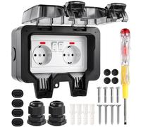 Enchufe Exterior Impermeable IP66, Enchufe Doble Exterior, Enchufe Exterior Estanco con Interruptor Conector de Cable y Tapa Abatible Enchufes Estancos para Cocina Baño Garaje Piscina y Jardín, Negro