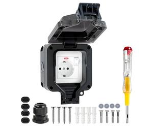 Enchufe Exterior IP66 Impermeable con Interruptor y Luz LED, Toma de Corriente Estanca para Jardín, Terraza y Zonas Húmedas, Instalación en Pared, Negro