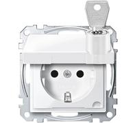 Enchufe Schuko con tapa abatible de la marca Schneider Electric Merten, con sistema de cierre, de un solo módulo, con protección contra el contacto, con terminales de conexión, sistema M, color blanco