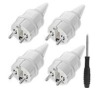 Enchufe Schuko Macho, 4 X Clavija Schuko Macho de Seguridad de Goma (250V/16A) + 1 X Destornillador, Enchufe Exterior para Cables de 6-16MM, Alimentación IP44 Resistente al Agua para Exterior, Blanco