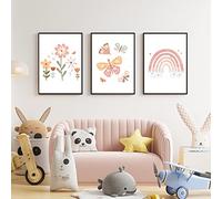 Encuryna Juego de 3 pósteres para habitación de bebé, arcoíris / mariposas / flores, cuadros sin marco, pósteres de pared, cuadros para habitación de bebé, decoración para niños y niñas (40 x 30 cm)