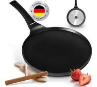 endusor® Sartén para crepes de 26 cm – Antiadherente de 3 capas – Apta para inducción, vitrocerámica, gas y electricidad – Incluye espátula y espátula para distribuir la masa, fabricados en haya alema