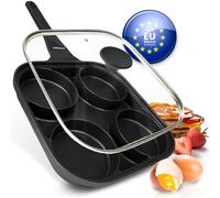 endusor Sartén para Huevo frito y Tortitas con Tapa | Sarten de 27 cm con 4 hoyos y protección antiadherente | Todo Tipo de Cocinas e Inducción | Sartén divida para Huevos fritos Panquecas Crepes