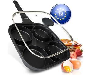 endusor Sartén para Huevo frito y Tortitas con Tapa | Sarten de 27 cm con 4 hoyos y protección antiadherente | Todo Tipo de Cocinas e Inducción | Sartén divida para Huevos fritos Panquecas Crepes