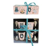 Enesco, 4 tazas con cucharitas con dibujos de gatos, Crazy Cat