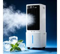 Enfriador de aire evaporativo, ventilador portátil con depósito 12L y 2 bloques de hielo, entrada de aire 1 lado, mando a distancia, 3 modos, 3 velocidades, temporizador 1-12H, pantalla digital
