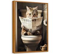 Enmarcado Cuadro Moderno Animales Gato Divertido Cuadro Decoracion Gatito Leyendo el Periódico en el Inodoro Lienzo Pintura Imagen Cuadros Decorativos Salon Dormitorio Baño Aseo WC Inodoro 30x40cm