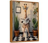 Enmarcado Cuadro Moderno Cuarto de Baño Cuadro Decoracion Jirafa Divertida Leyendo el Periódico en el Inodoro Lienzo Pintura Imagen Animales Cuadros Decorativos Baño Aseo Inodoro WC 40x60cm