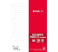 ENRI PLUS 90gr A4 Recambio, Paquete Pauta 2,5mm con margen 4 Taladros, 100 Hojas