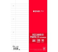 Enri Recambio Plus 100H A4 90 gr Pauta 2,5 C-Margen 4 Taladros Blanco