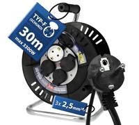 Enrollacables de Carrete 30 m IP44-3×2,5 mm² Enrollador 230V 3300W | Carrete de Cable Eléctrico con 4 Tomas Schuko Tambor De Cable para Jardín y Garaje - Alargador Eléctrico Exterior- Horoz