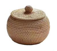 Entgoinggo Cesta con tapa tejida para almacenamiento de aperitivos, piezas de ajedrez, joyas y más para sala de estar, dormitorio u oficina, decoración del hogar, 15 x 15 x 12 cm