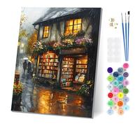 EOBROMD Librería Bajo la Lluvia Pintar por Numeros Adultos con Marco, Cuadros para Pintar por Numeros, Lona sin Pliegues Pintura al Cuadros por Numeros, Decoración del Hogar 30x40cm