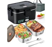 Eocolz Lonchera eléctrica de 100 W, calentador de alimentos con doble contenedor de 1,8 L, portátil, para coche, camión, trabajo, tenedor y cuchara de acero inoxidable, 12/24/110 V, para adultos
