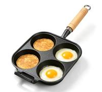 equlup Sartén 4 huecos con espátula y pincel para aceite, sartén antiadherente profunda para huevos con mango wood sartén para el desayuno molde para huevos, hamburguesas y tortitas